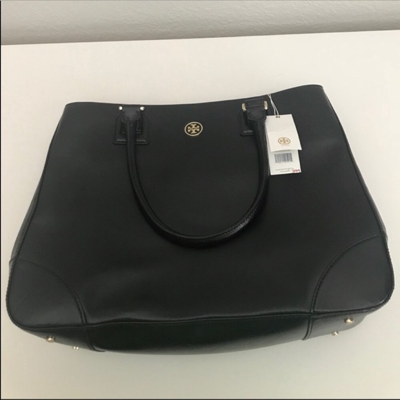 Tory Burch Robinson Leather Tote in Black/Black